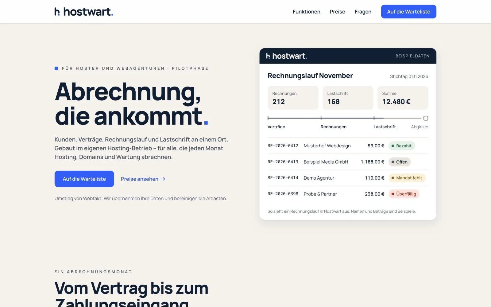 Startseite von hostwart.de: „Abrechnung, die ankommt.“ mit Beispiel-Rechnungslauf