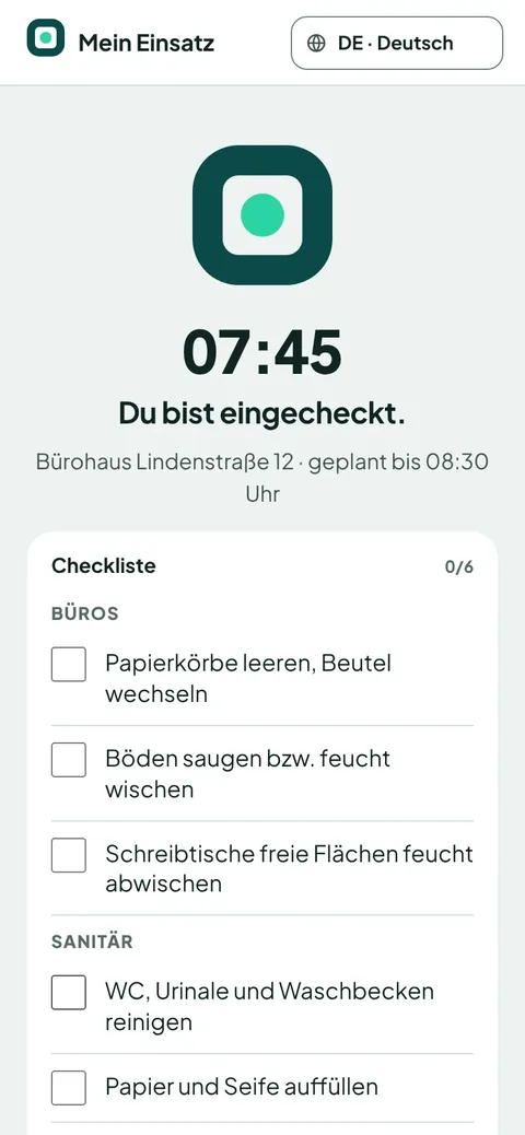 objelo Mitarbeiter-App: eingecheckt um 07:45 mit Checkliste